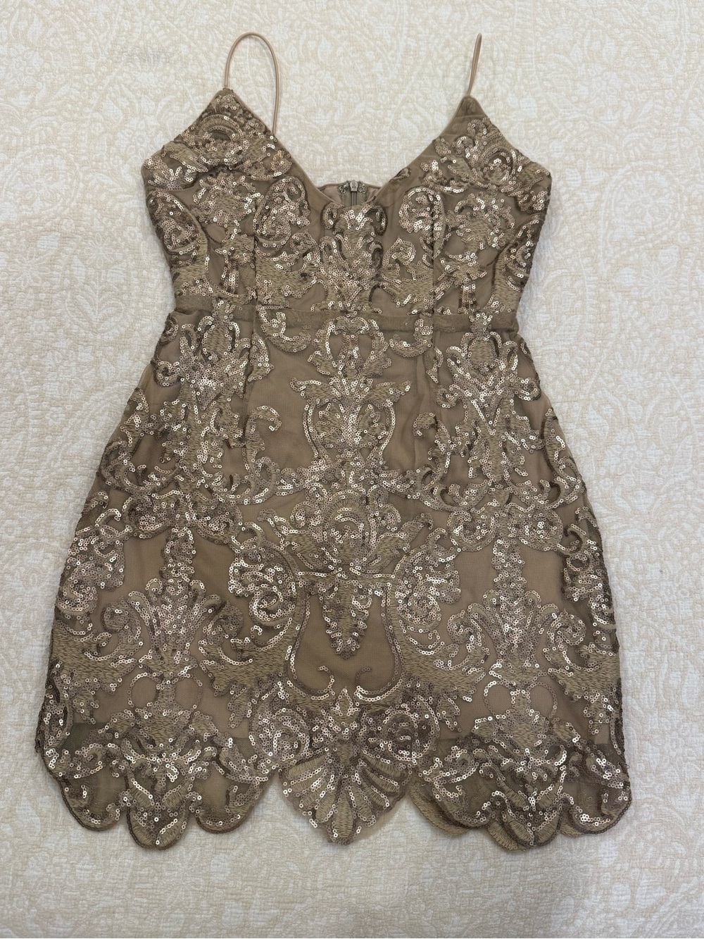 Tobi Taupe Sequin Embroidered Lace Mini Dress Small
